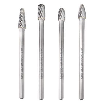 4.5" CARBIDE BURR SET, 1/4" SHANK, SINGLE CUT, 4 PIECE