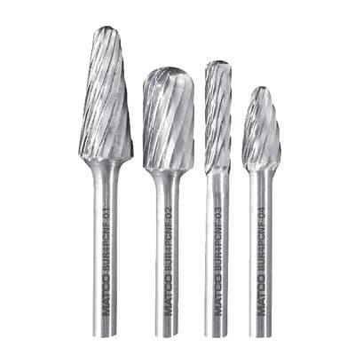 STANDARD LENGTH CARBIDE BURR SET,  1/4" SHANK, SINGLE CUT, 4PC