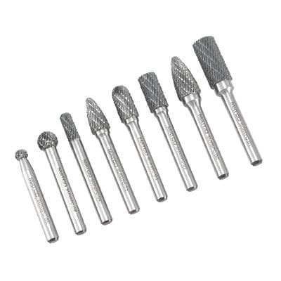 STANDARD LENGTH CARBIDE BURR SET, 1/4" STANK, DOUBLE CUT, 8 PC