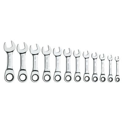 12 PIECE 72 TOOTH METRIC STUBBY COMBINATION RATCHETING WRENCH SET