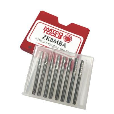 STANDARD LENGTH CARBIDE BURR SET, 1/8" SHANK, DOUBLE CUT, 8 PC